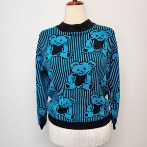 Vintage 80s Adele Knitwear Teddy Bear Sweater Size M Blue Allover Print Retro